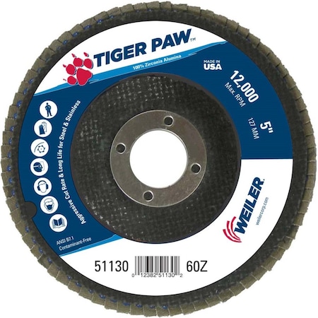 Weiler 5" Tiger Paw Abrasive Flap Disc, Conical (TY29), 60Z, 7/8" 51130